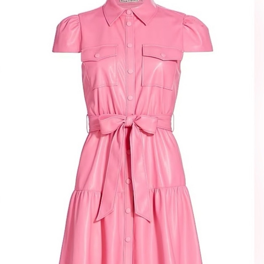 Alice + Olivia Miranda Vegan Lather Short-Sleeve Tiered Mini Dress